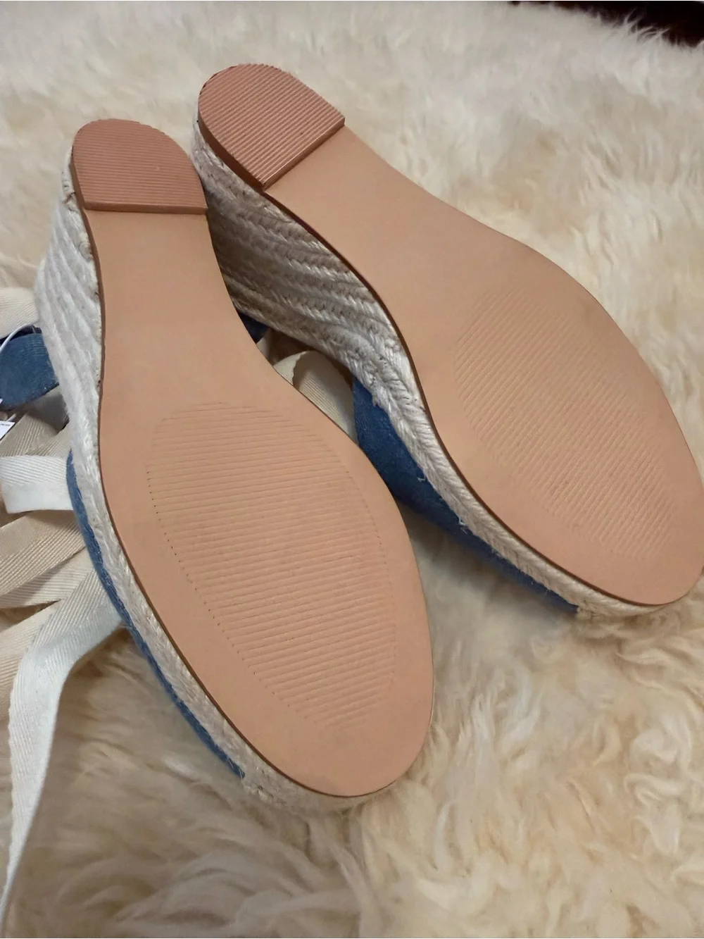 GAP Denim Blue Espadrille Wedge Sandals with Cream Ankle Wrap